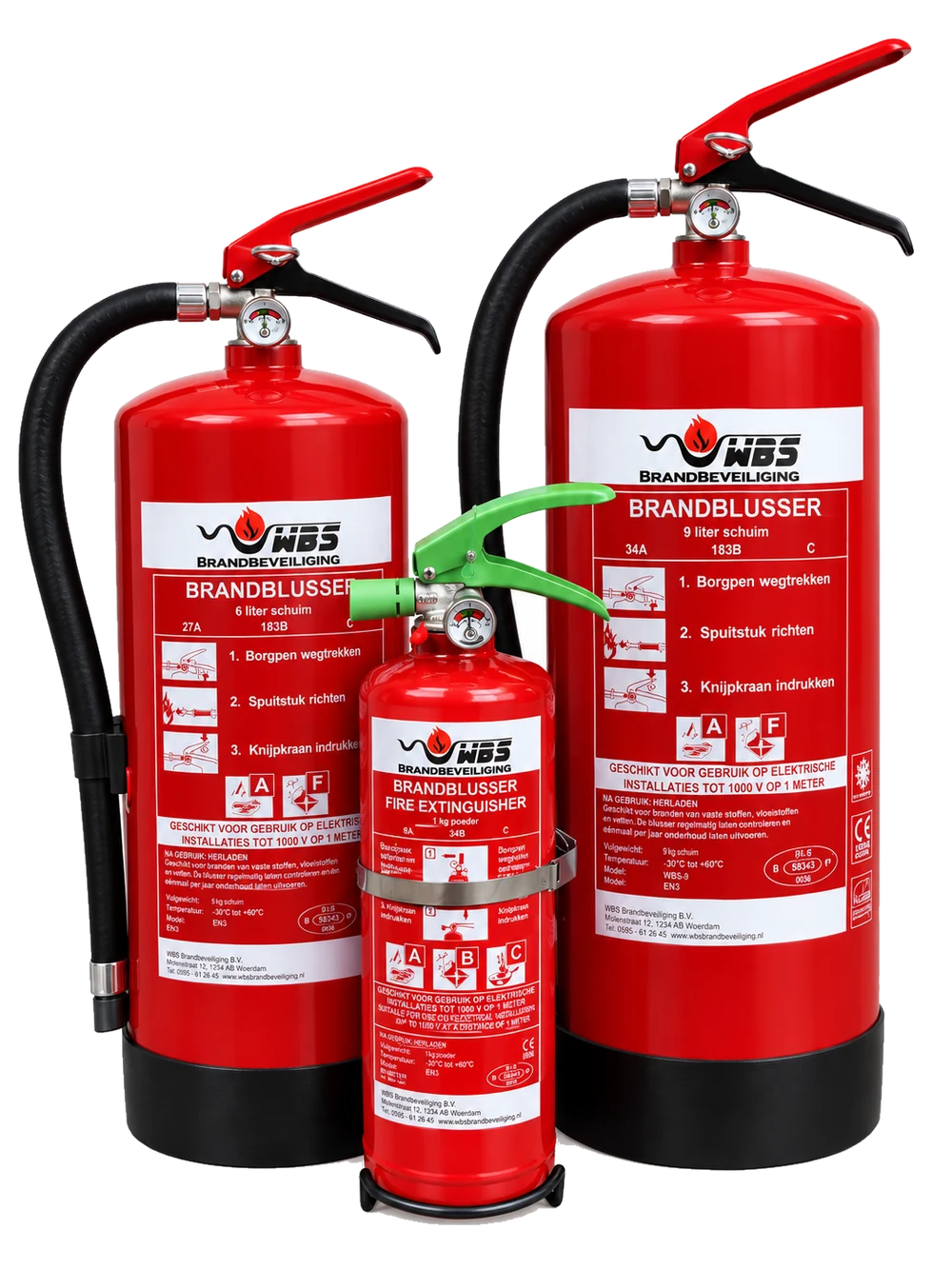 Drie brandblussers van WBS Brandbeveiliging: 6 liter schuim, 1 kg poeder en 9 liter schuim