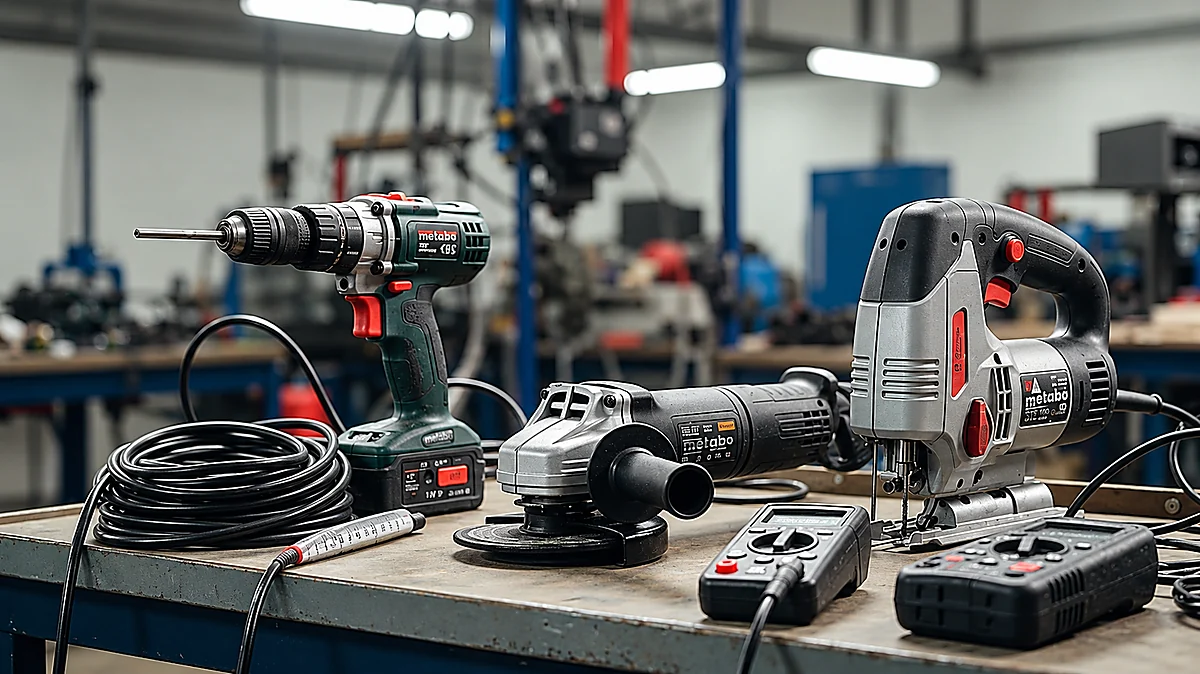 Elektrisch handgereedschap op een werkbank, klaar om gekeurd te worden