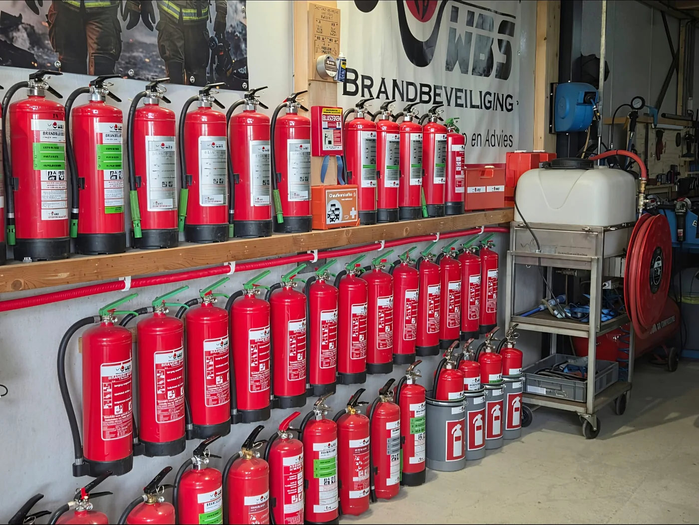 Een wand vol brandblussers in de werkplaats van WBS Brandbeveiliging, klaar om te verhuren